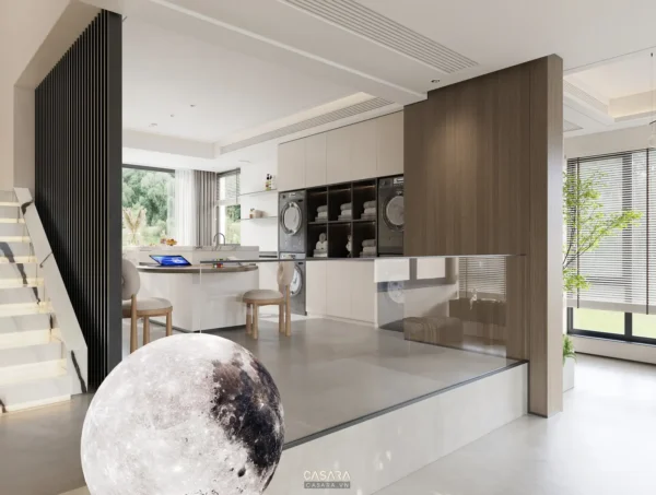 Nội thất phòng bếp - phòng khách hiện đại, sang trọng và tối giản.