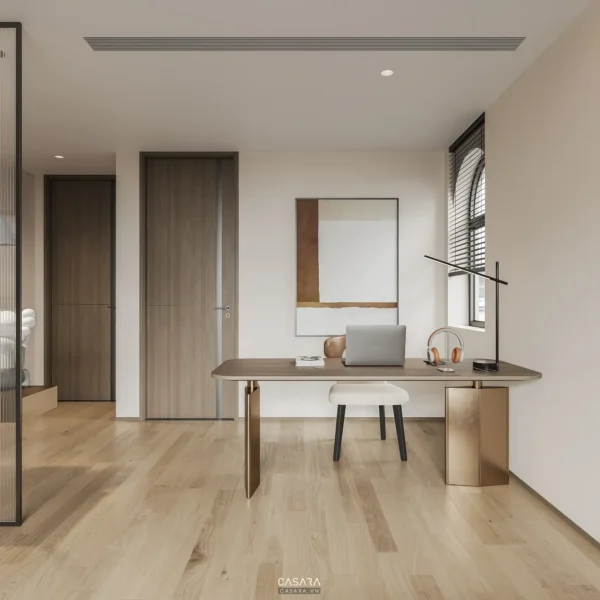 Phòng làm việc tối giản, hiện đại với tông màu gỗ ấm áp.