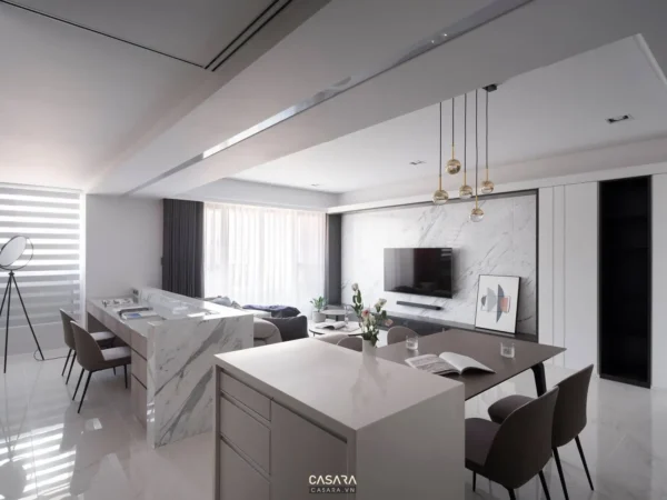 Phòng khách bếp hiện đại, sang trọng với tông màu trắng chủ đạo.