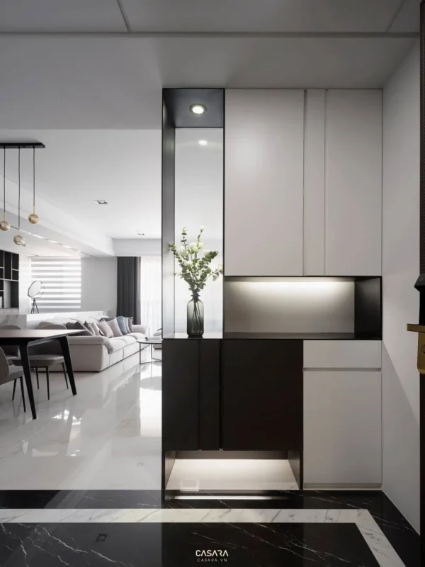 Nội thất phòng khách hiện đại, tối giản với tông trắng chủ đạo.