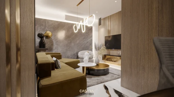 Phòng khách hiện đại, sang trọng với nội thất màu vàng, xám.