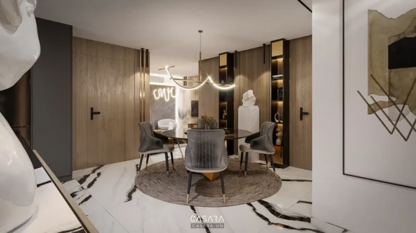 Phòng ăn hiện đại, sang trọng với nội thất tinh tế, ánh sáng ấm áp.