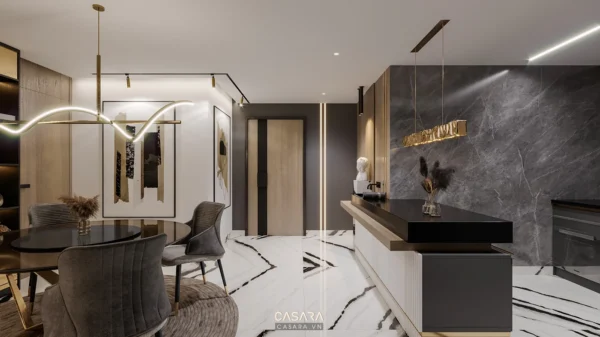 Phòng khách hiện đại, sang trọng với nội thất tối giản, ánh sáng ấm áp.