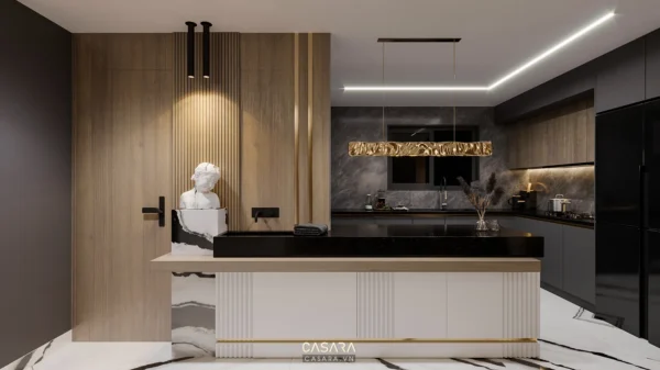 Phòng bếp hiện đại, sang trọng với đảo bếp và ánh sáng tinh tế.