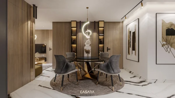 Phòng ăn hiện đại, sang trọng với nội thất gỗ và ánh sáng tinh tế.