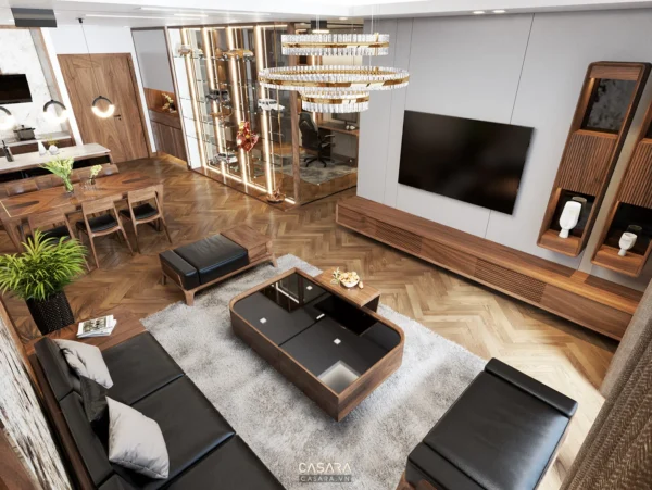 Phòng khách hiện đại, sang trọng với nội thất tối màu chủ đạo.