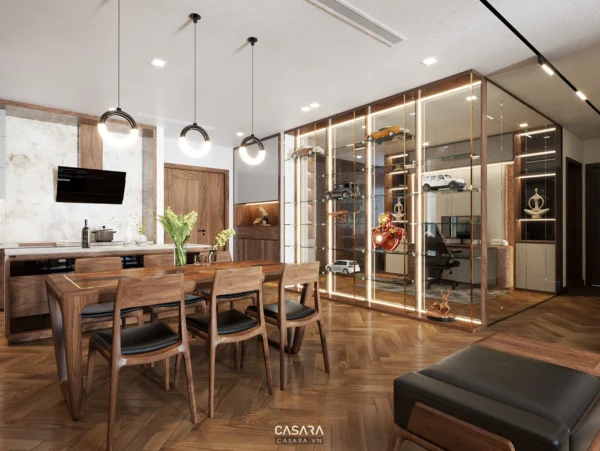 Phòng bếp - phòng làm việc hiện đại, sang trọng với nội thất gỗ ấm áp.