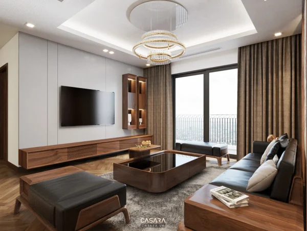 Phòng khách hiện đại, sang trọng với nội thất gỗ và ánh sáng ấm áp.