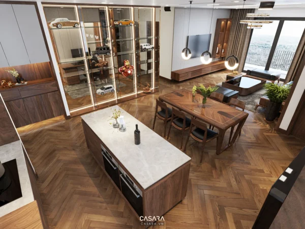 Phòng khách bếp hiện đại, sang trọng với tông gỗ ấm áp.