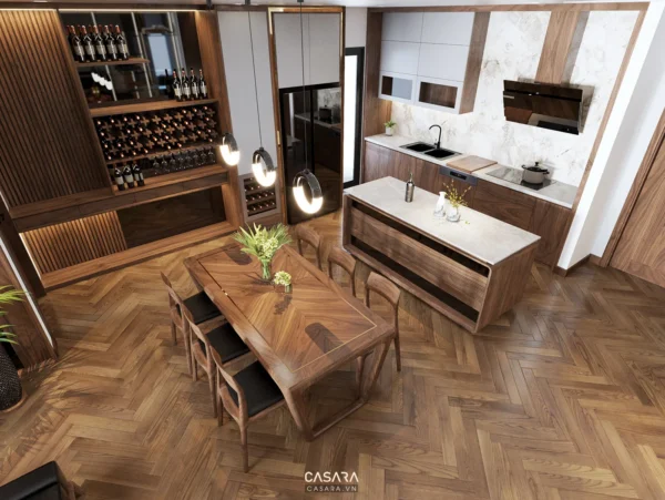 Phòng bếp và phòng ăn hiện đại, sang trọng với nội thất gỗ ấm áp.