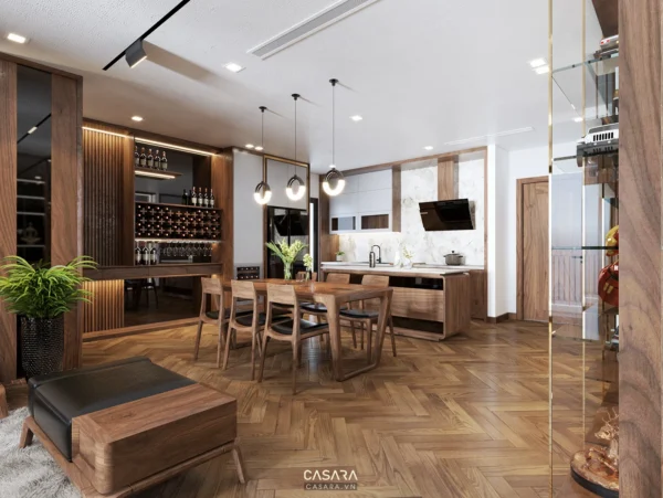 Nội thất phòng bếp - phòng ăn gỗ ấm cúng, hiện đại.
