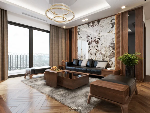 Phòng khách hiện đại, sang trọng với nội thất gỗ và đá tự nhiên.