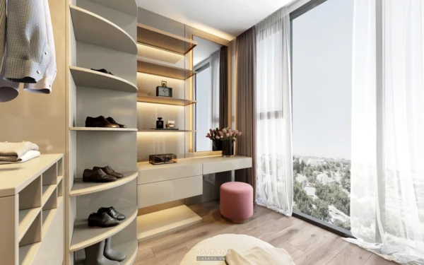 Phòng thay đồ hiện đại, sang trọng với kệ mở và ánh sáng ấm áp.