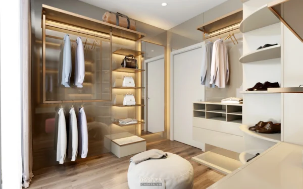 Phòng thay đồ hiện đại, sang trọng với tủ kính và ánh sáng ấm áp.