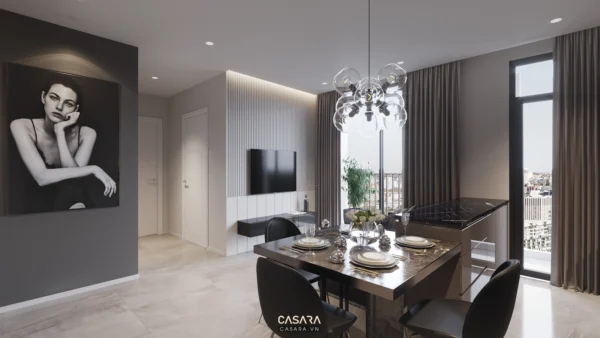 Phòng khách - bếp hiện đại, sang trọng với tông màu trung tính.