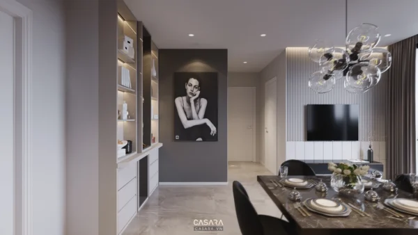 Phòng khách hiện đại với tranh nghệ thuật đen trắng làm điểm nhấn.