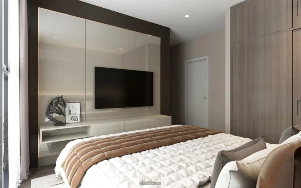 Phòng ngủ hiện đại, sang trọng với tông màu trung tính ấm áp.