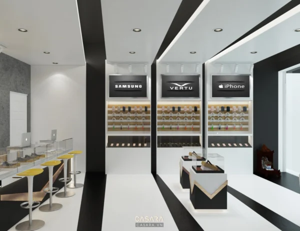 Cửa hàng điện thoại hiện đại với thiết kế tối giản, sang trọng.