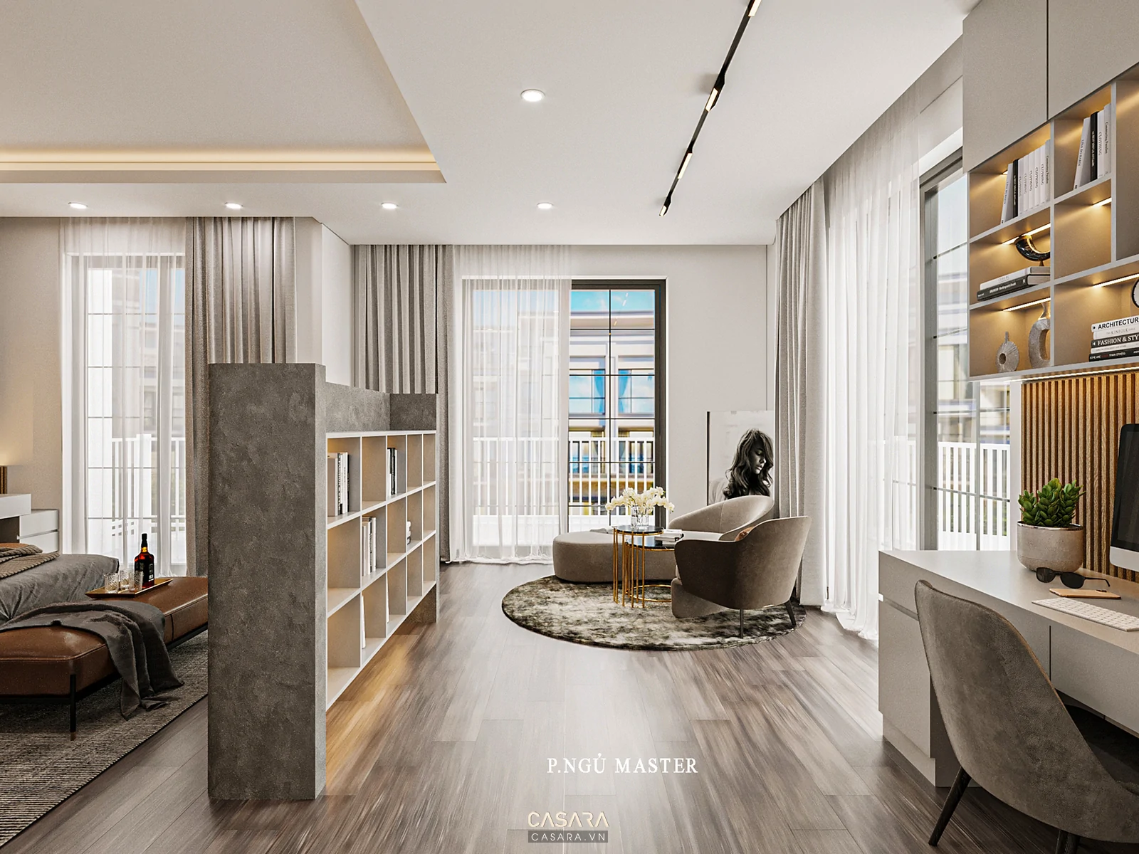 phòng ngủ 50m2 với ghế đọc sách bên cửa sổ