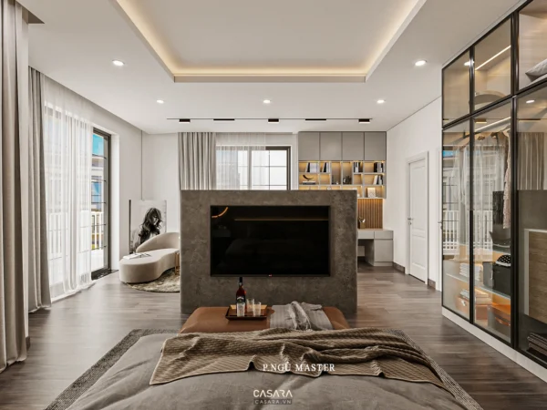 Phòng khách hiện đại, sang trọng với tông màu trung tính ấm cúng.