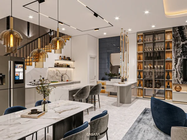 Phòng bếp hiện đại, sang trọng với tông màu xanh navy và trắng chủ đạo.