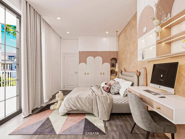 Phòng ngủ bé gái hiện đại, ấm cúng với tông màu hồng pastel chủ đạo.