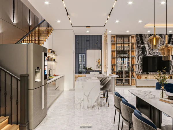 Nội thất phòng bếp, phòng ăn hiện đại, sang trọng với tông màu chủ đạo là trắng và xám.