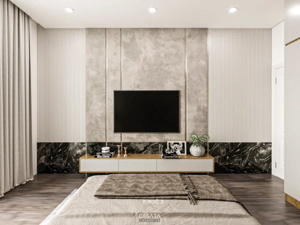 Phòng ngủ hiện đại, sang trọng với TV lớn và nội thất tối giản.