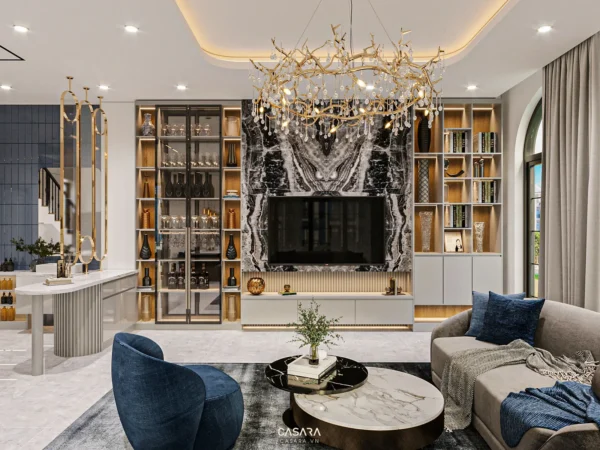 Phòng khách hiện đại, sang trọng với đèn chùm độc đáo và nội thất tinh tế.