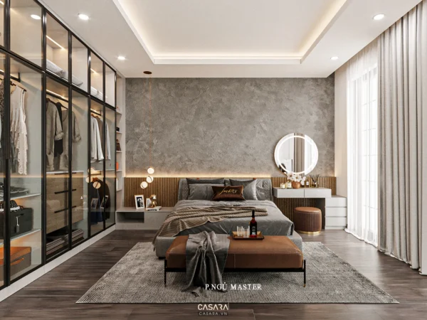 Phòng ngủ hiện đại, sang trọng với tủ quần áo lớn và nội thất tinh tế.