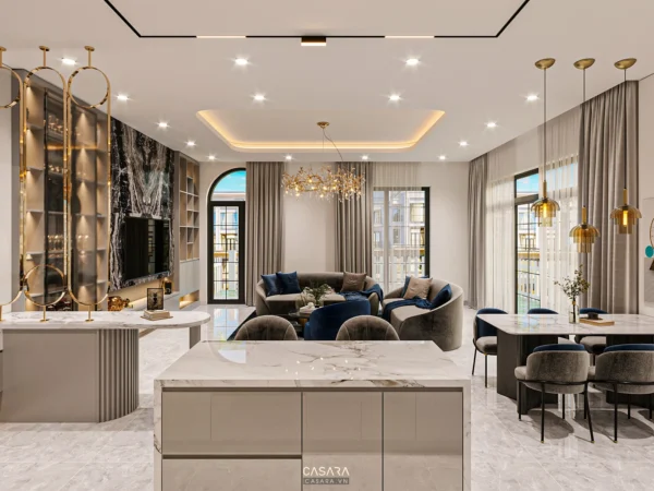 Phòng khách và bếp hiện đại, sang trọng với tông màu trung tính.