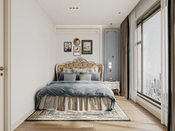 Phòng ngủ phong cách châu Âu sang trọng, ấm cúng với tông màu nhẹ nhàng.