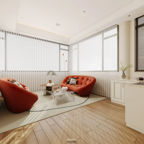 Phòng khách hiện đại với ghế sofa cam nổi bật, ánh sáng tự nhiên.