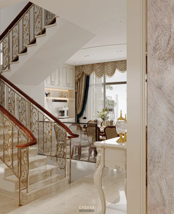 Nội thất phòng bếp và cầu thang sang trọng, ấm cúng trong biệt thự.