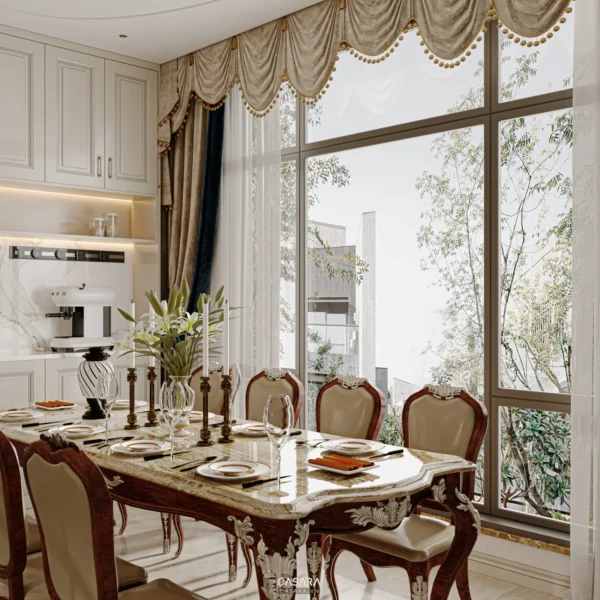 Phòng ăn sang trọng với cửa sổ lớn nhìn ra khu vườn xanh mát.