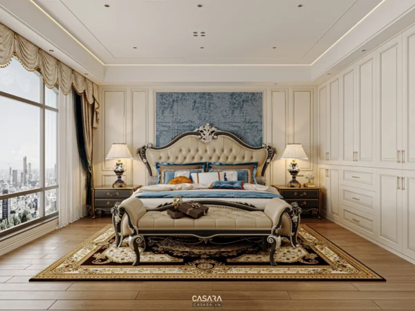 Phòng ngủ phong cách cổ điển, sang trọng với tông màu trắng chủ đạo.