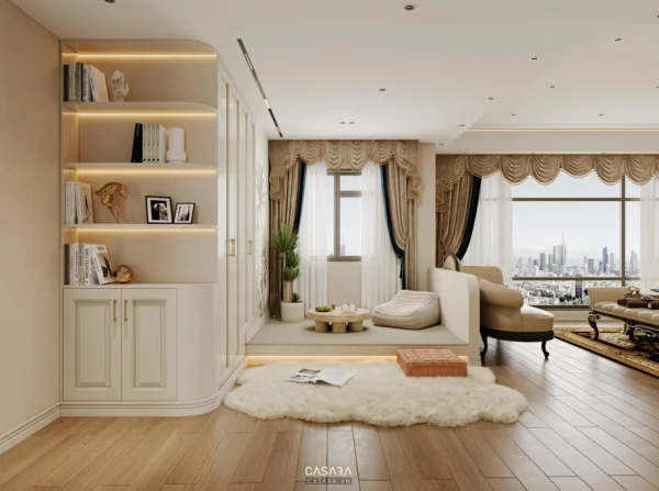 Phòng khách hiện đại, sang trọng với tông màu kem và gỗ ấm áp.