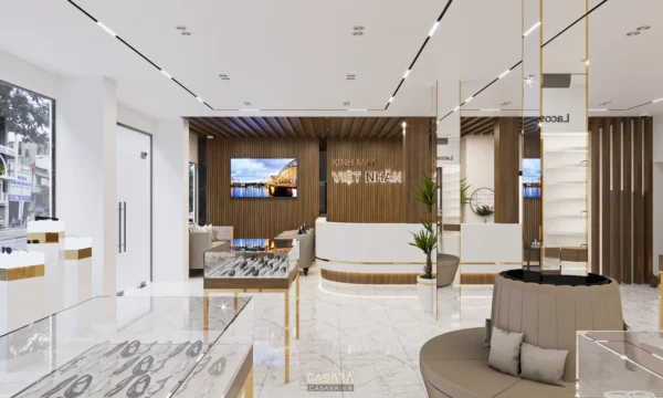 Nội thất cửa hàng kính mắt hiện đại, sang trọng với tông màu sáng chủ đạo.