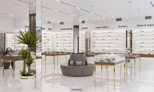 Cửa hàng kính thời trang cao cấp với thiết kế hiện đại, sang trọng.