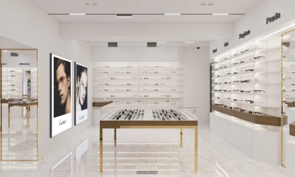 Cửa hàng kính mắt hiện đại, sang trọng với thiết kế tối giản.