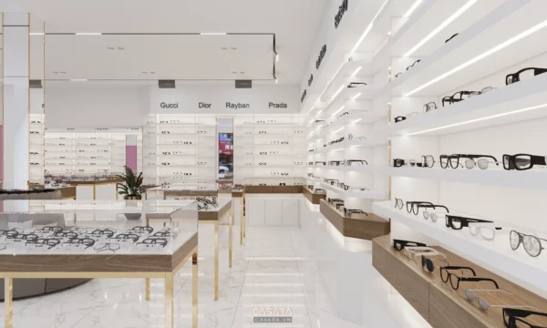 Cửa hàng kính mắt sang trọng với thiết kế hiện đại, tinh tế.