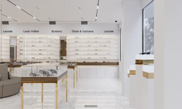 Cửa hàng kính mắt sang trọng với thiết kế tối giản, hiện đại.