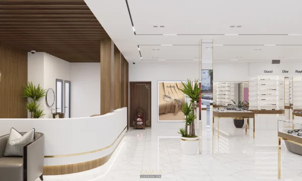 Nội thất cửa hàng kính mắt hiện đại, sang trọng với tông trắng chủ đạo.