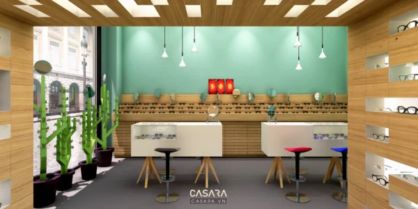 Cửa hàng kính mắt Casara với thiết kế hiện đại, sáng sủa và tinh tế.