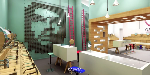 Cửa hàng kính mắt hiện đại với thiết kế độc đáo, sáng tạo.