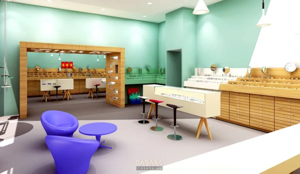 Cửa hàng kính mắt hiện đại với thiết kế nội thất sáng tạo, màu sắc tươi trẻ.