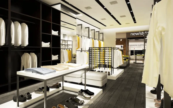 Cửa hàng thời trang nam hiện đại với tông màu trắng đen chủ đạo.