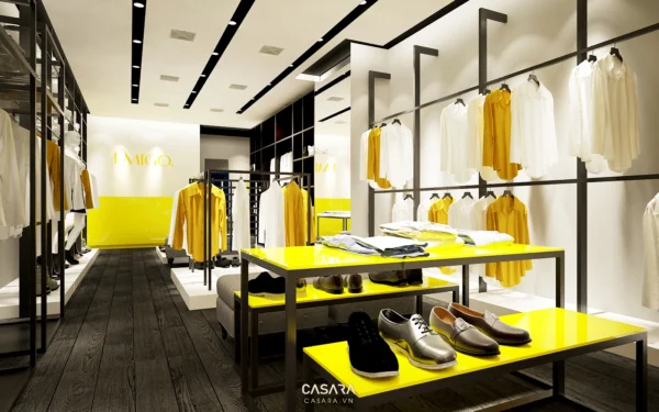 Cửa hàng quần áo thời trang với thiết kế hiện đại, sáng sủa.