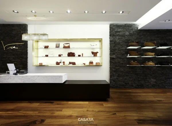 Cửa hàng thời trang sang trọng với thiết kế tối giản, trưng bày các sản phẩm da.