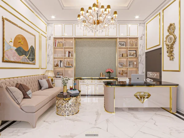 Phòng khách hiện đại, sang trọng với nội thất màu hồng và vàng.